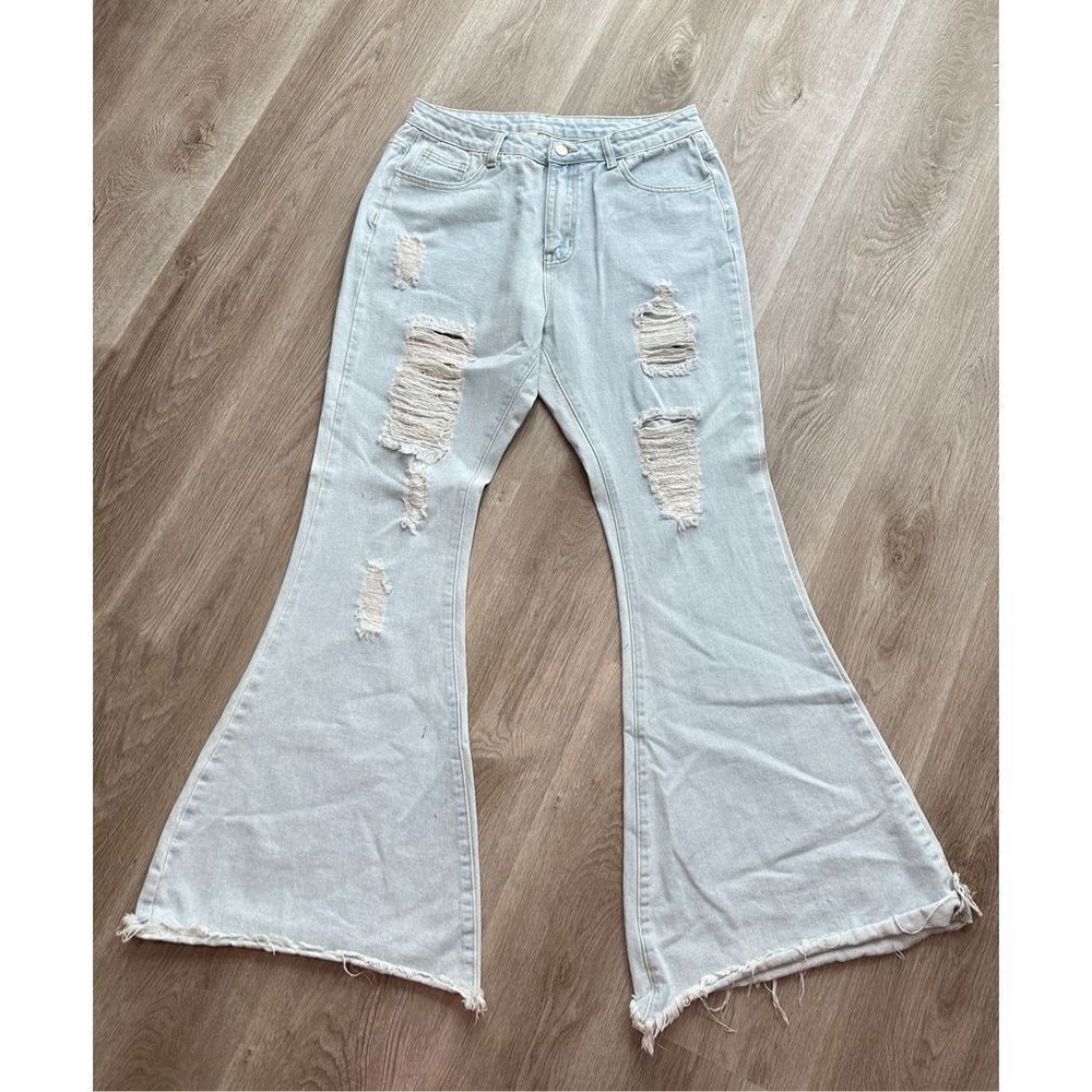 SHEIN Frayed Flare Leg Light Blue Denim Jeans Pants Ripped Destroyed High Waist